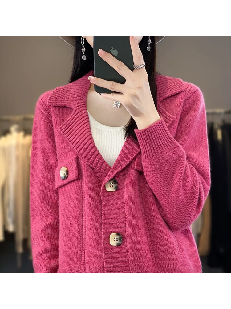 WW | Wollstrickjacke Damen Mit Breitem Kragen Und Großen Knöpfen