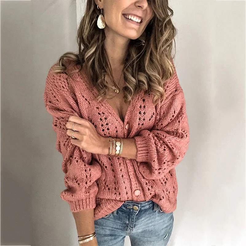 WW | Wollstrickjacke Damen Mit V-ausschnitt Und Lochmuster, Knopfleiste