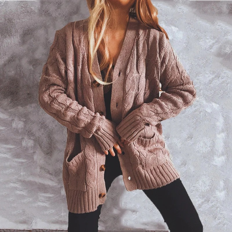 WW | Wollstrickjacke Damen Mit Zopfmuster Und Holzknöpfen, Lockere