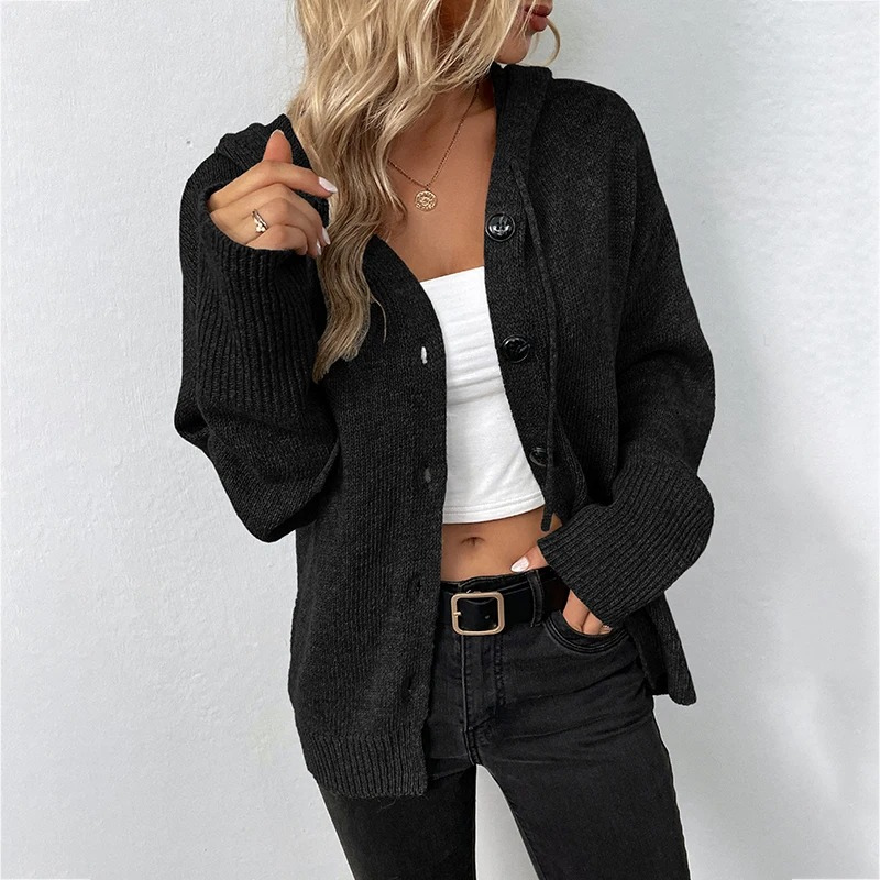 WW | Wollstrickjacke Damen Mit Kapuze Und Knopfleiste, Lässiger Stil
