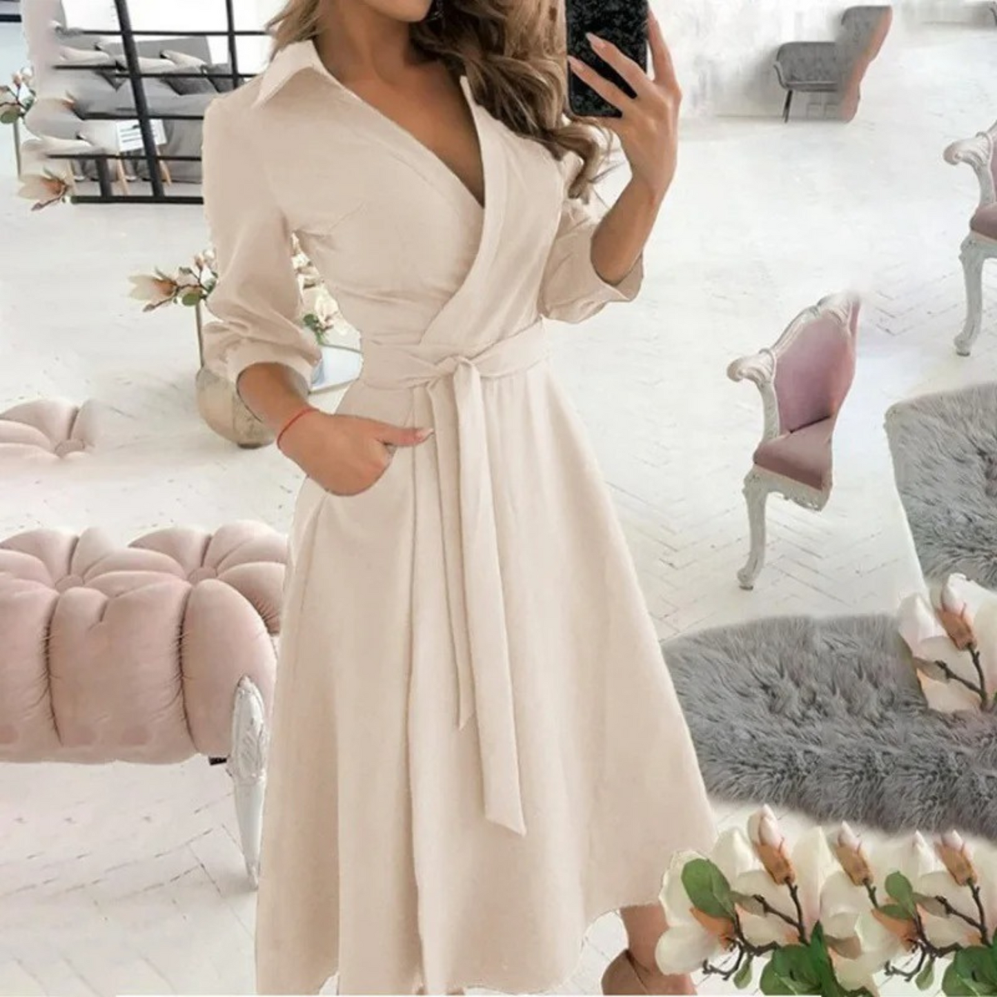 WW | Weiße Gepolsterte Reversband Bequeme Blusenkleid