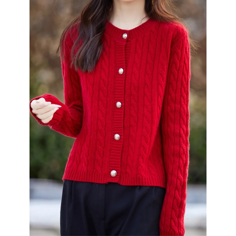 WW | Wollstrickjacke Damen Mit Zopfmuster Und Rundhalsausschnitt, Knopfleiste