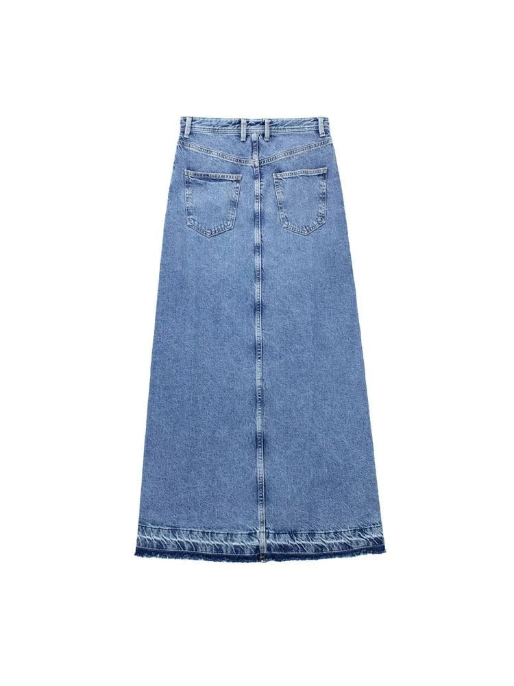 Merche blauer langer Sommerrock aus Denim mit Nahtdetails und Schlitz vorne