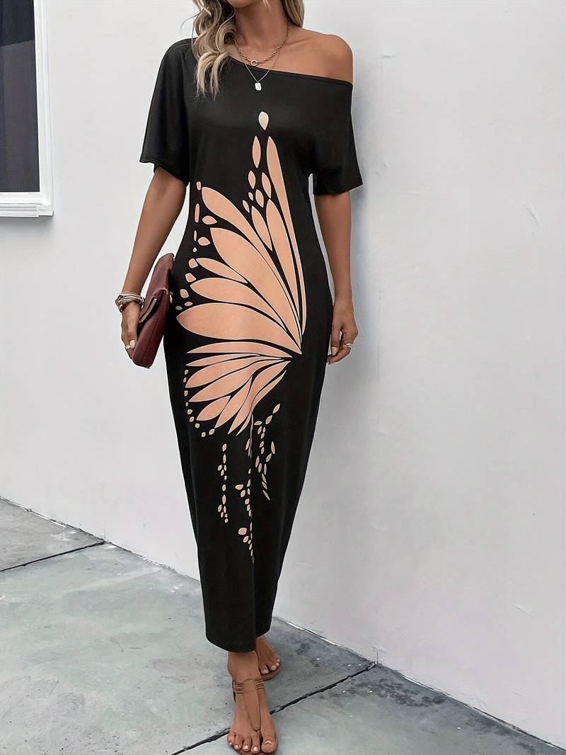 – kleid mit schräger schulterpartie und schmetterlingsprint