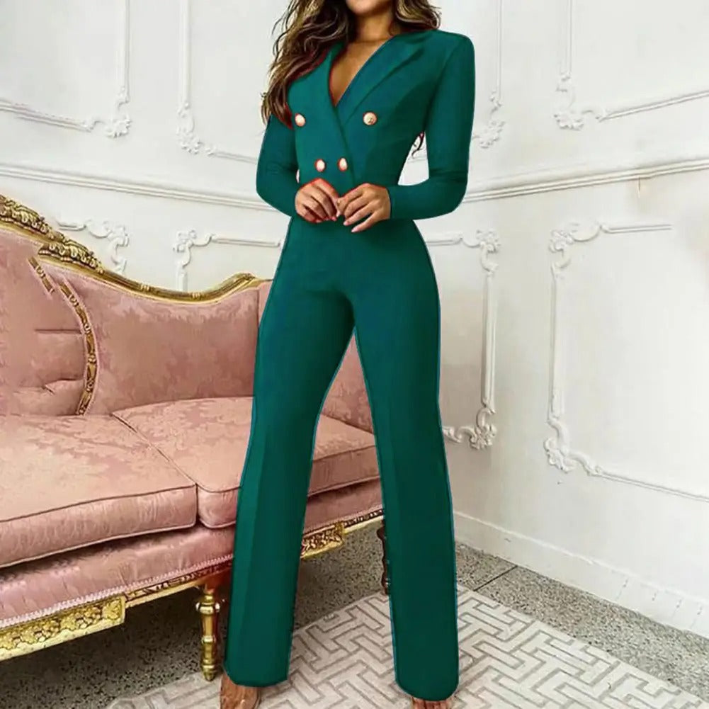 Merche Party Slim Fit Jumpsuit mit Business V Ausschnitt und Metallknöpfen