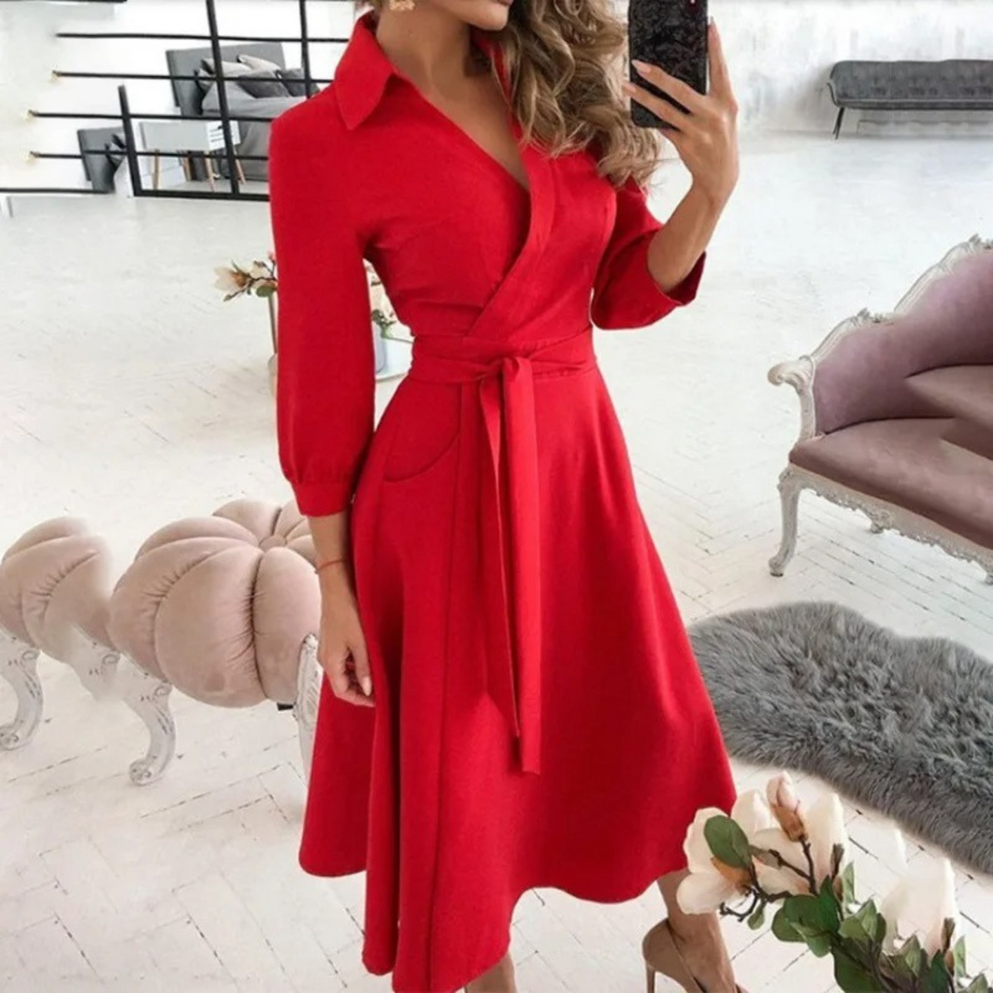 WW | Weiße Gepolsterte Reversband Bequeme Blusenkleid