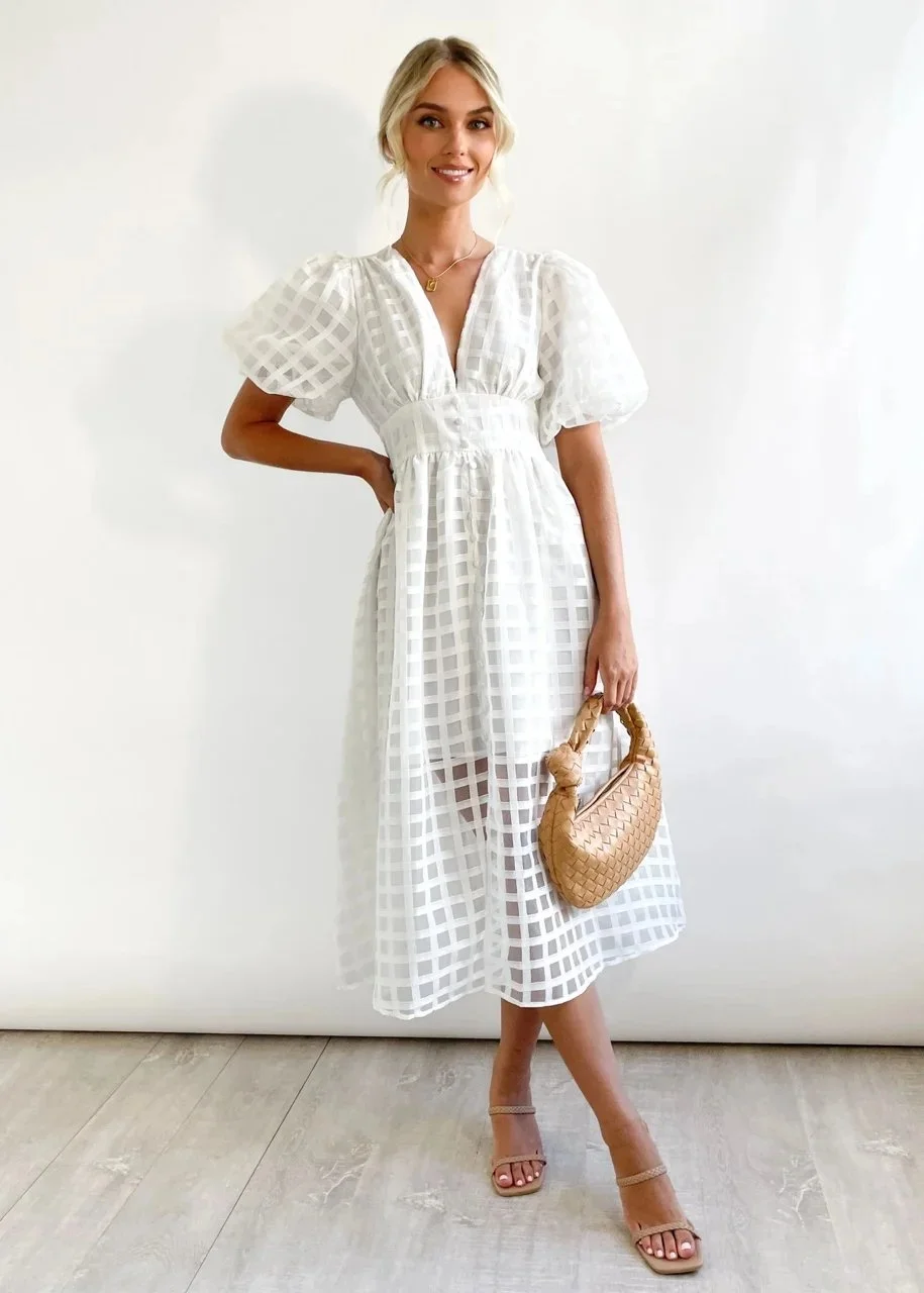 – Beauty-Midikleid aus Stoff mit quadratischem Print und Puffärmeln