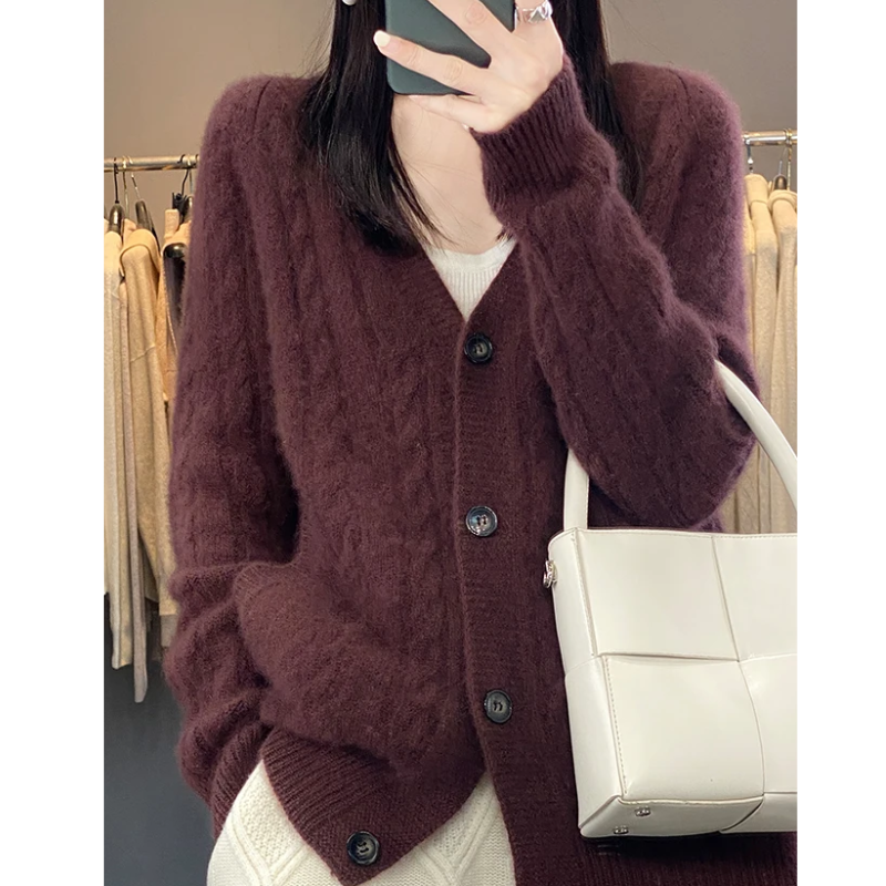WW | Wollstrickjacke Damen Mit Zopfmuster Und V-ausschnitt, Knopfleiste