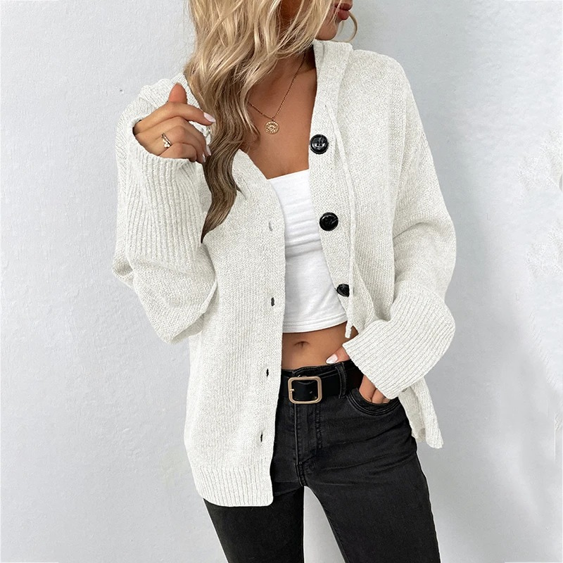 WW | Wollstrickjacke Damen Mit Kapuze Und Knopfleiste, Lässiger Stil