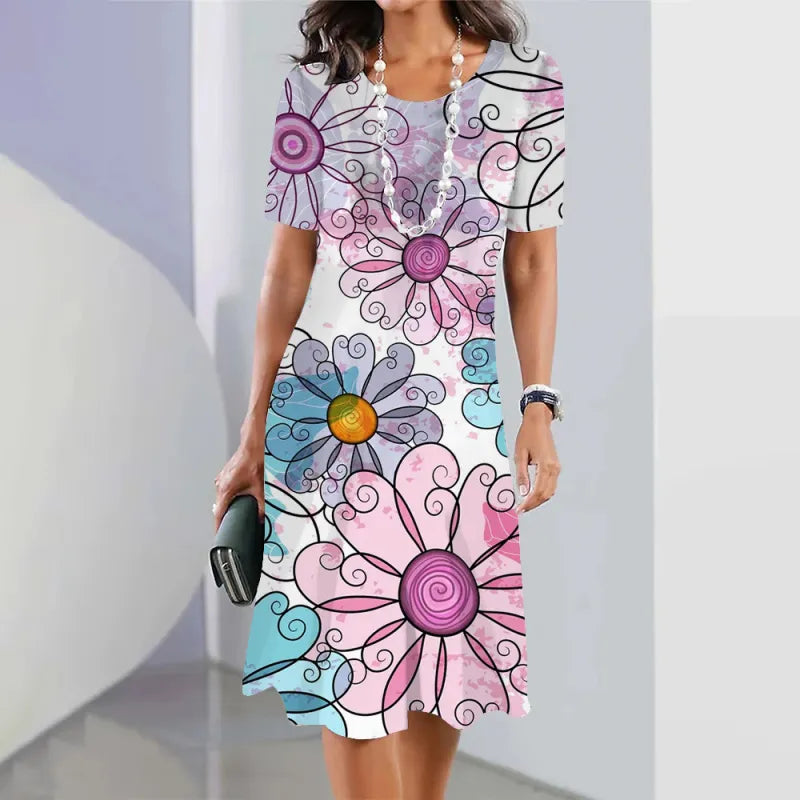 Lässiges Kurzarmkleid mit Blumenmuster, Rundhalsausschnitt und großer Größe
