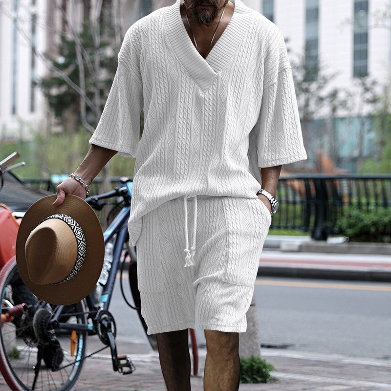 WW | Satz Aus Bequem Sitzendem Strickoberteil Mit V-ausschnitt Und Passenden Shorts