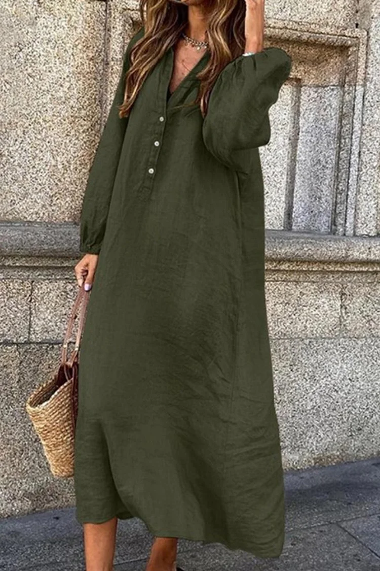 – Einreihiges Kleid aus Baumwollleinen mit V-Ausschnitt