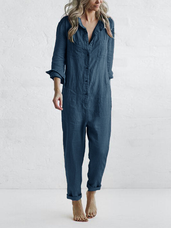 Merche Jumpsuit mit langen Ärmeln und halbem Knopf vorne