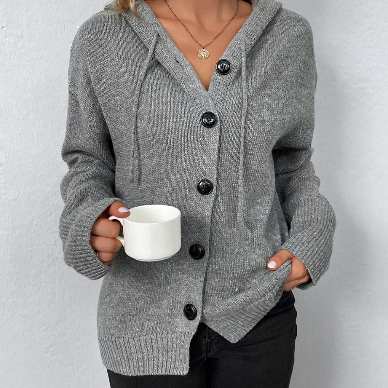 WW | Wollstrickjacke Damen Mit Kapuze Und Knopfleiste, Lässiger Stil