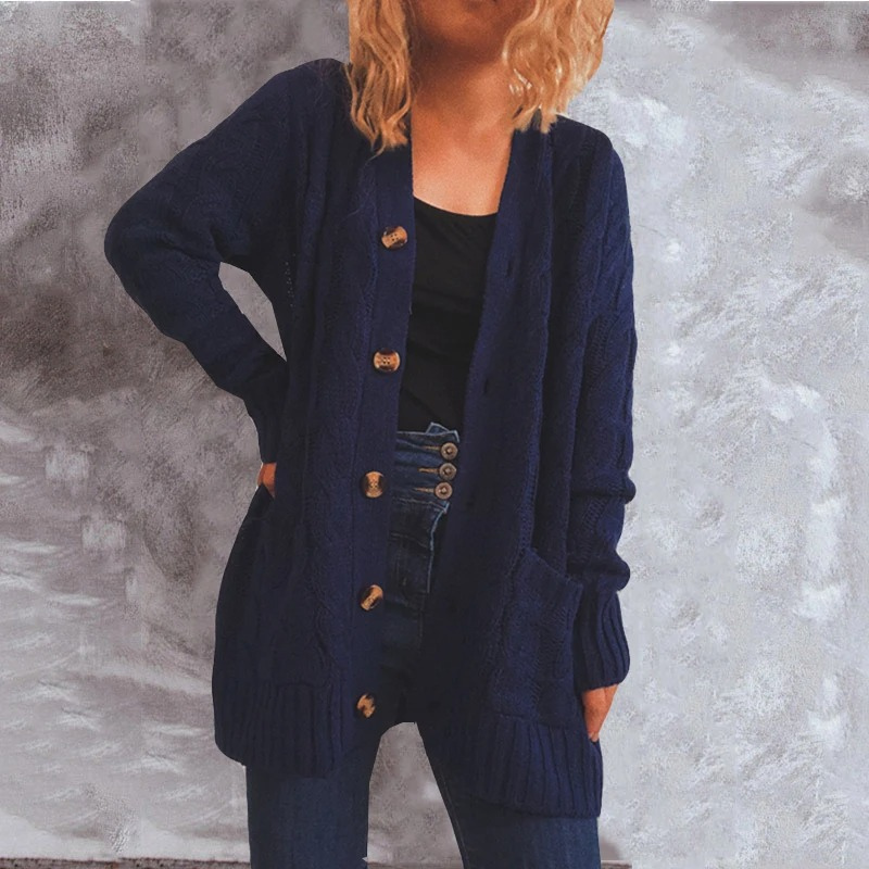 WW | Wollstrickjacke Damen Mit Zopfmuster Und Holzknöpfen, Lockere