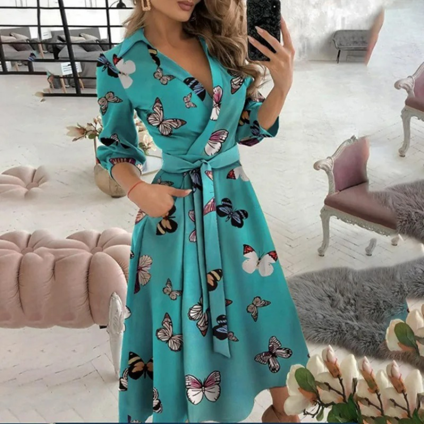 WW | Weiße Gepolsterte Reversband Bequeme Blusenkleid