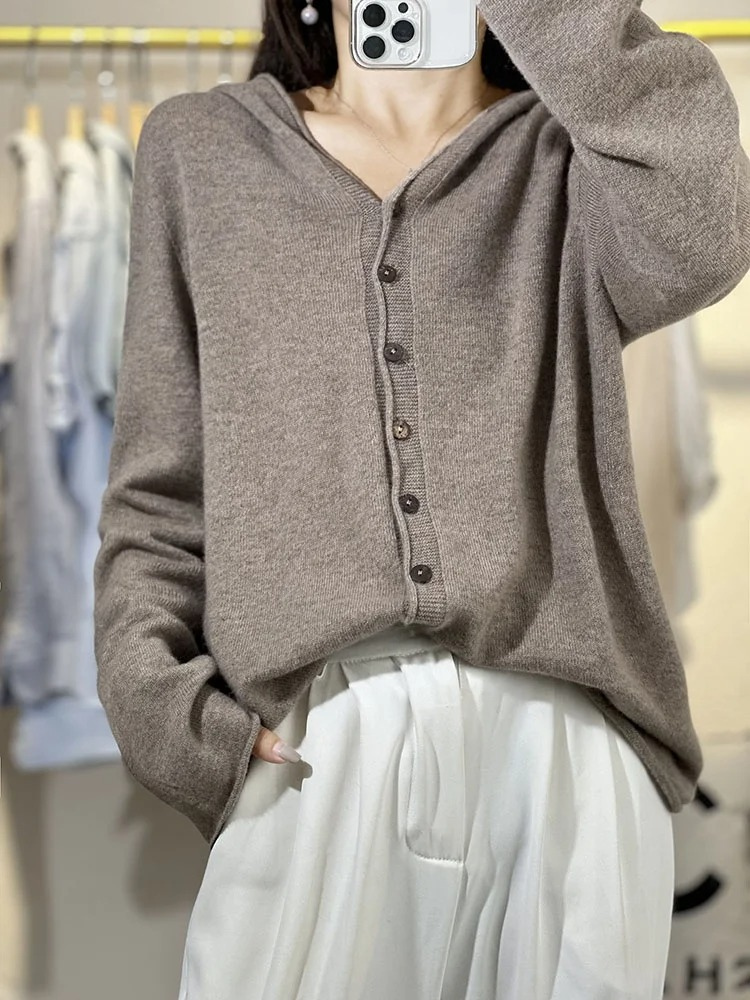 WW | Wollstrickjacke Damen Mit Kapuze Und Knopfleiste, Lässige Passform