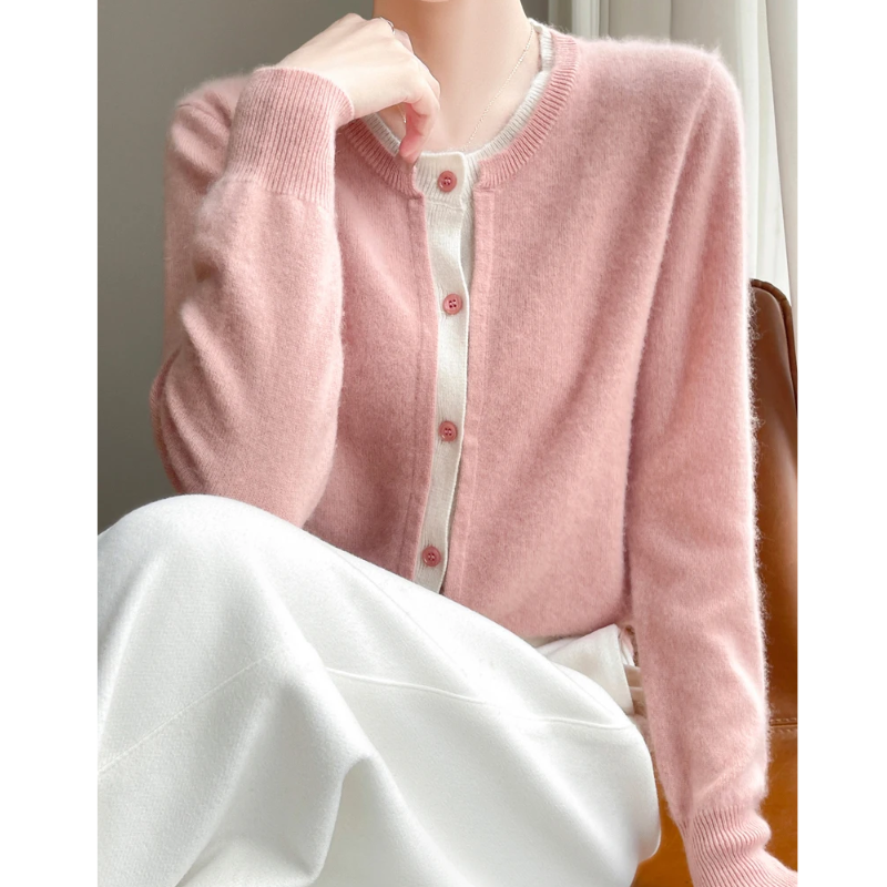 WW | Zweifarbige Wollstrickjacke Damen Mit Rundhalsausschnitt Und Knopfleiste