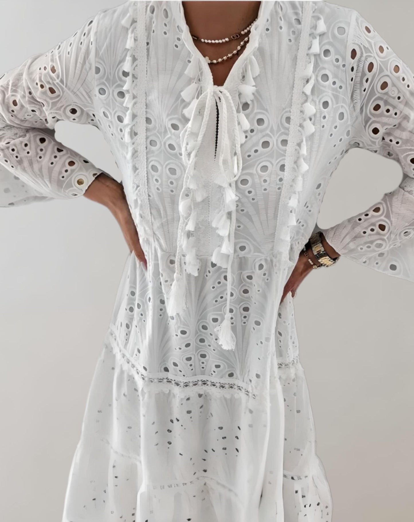 WW | Weißes Halblanges Kleid Mit Hohlem Stickmuster Kleid