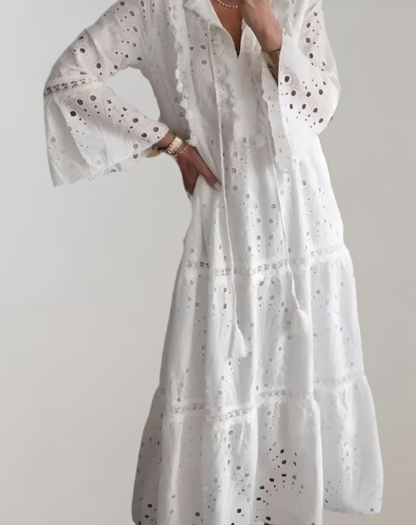 WW | Weißes Halblanges Kleid Mit Hohlem Stickmuster Kleid