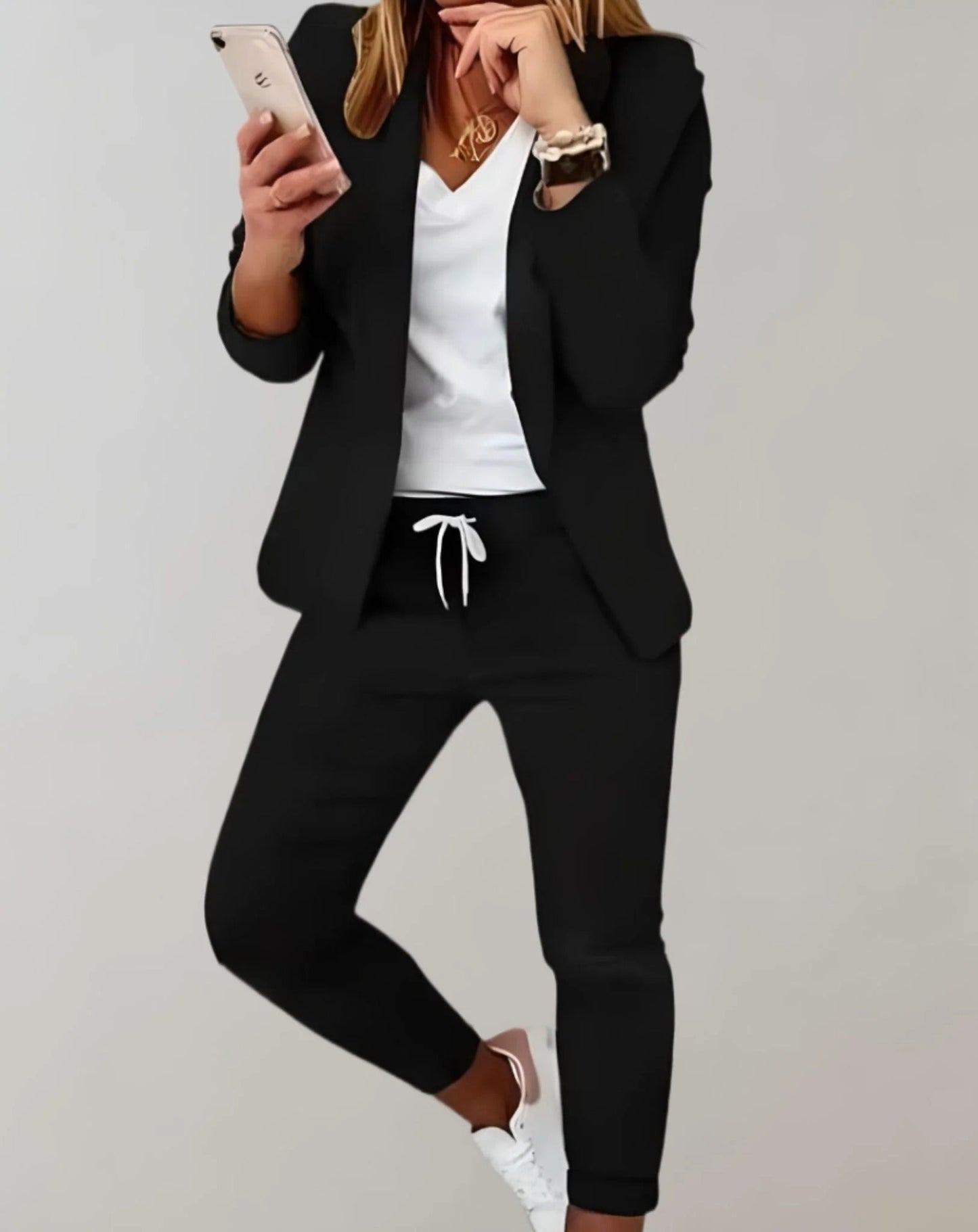WW | Zweiteiliges Satz Mit Langen Ärmeln Passendem Blazer Und Hose Mit Kordelzug