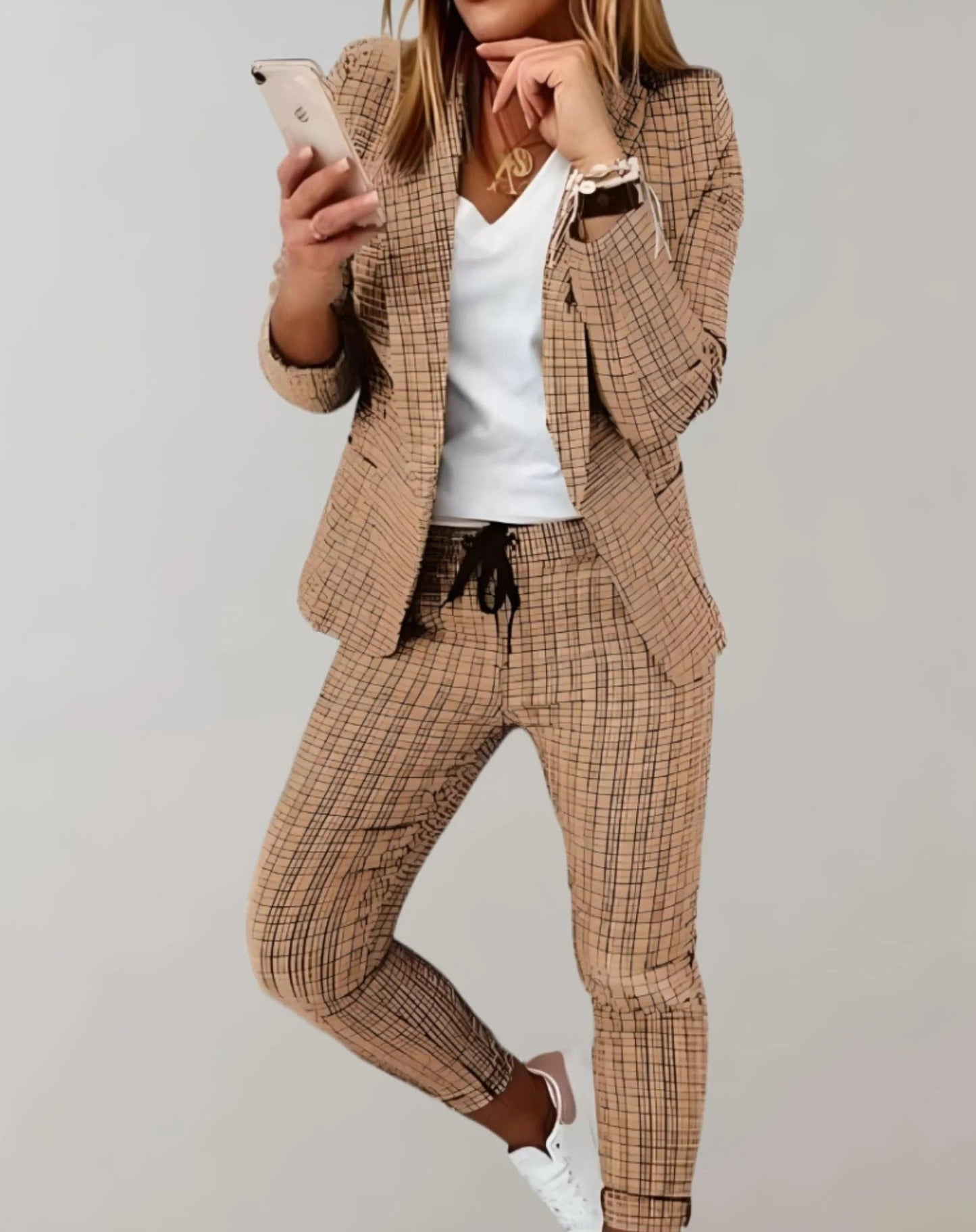 WW | Zweiteiliges Satz Mit Langen Ärmeln Passendem Blazer Und Hose Mit Kordelzug
