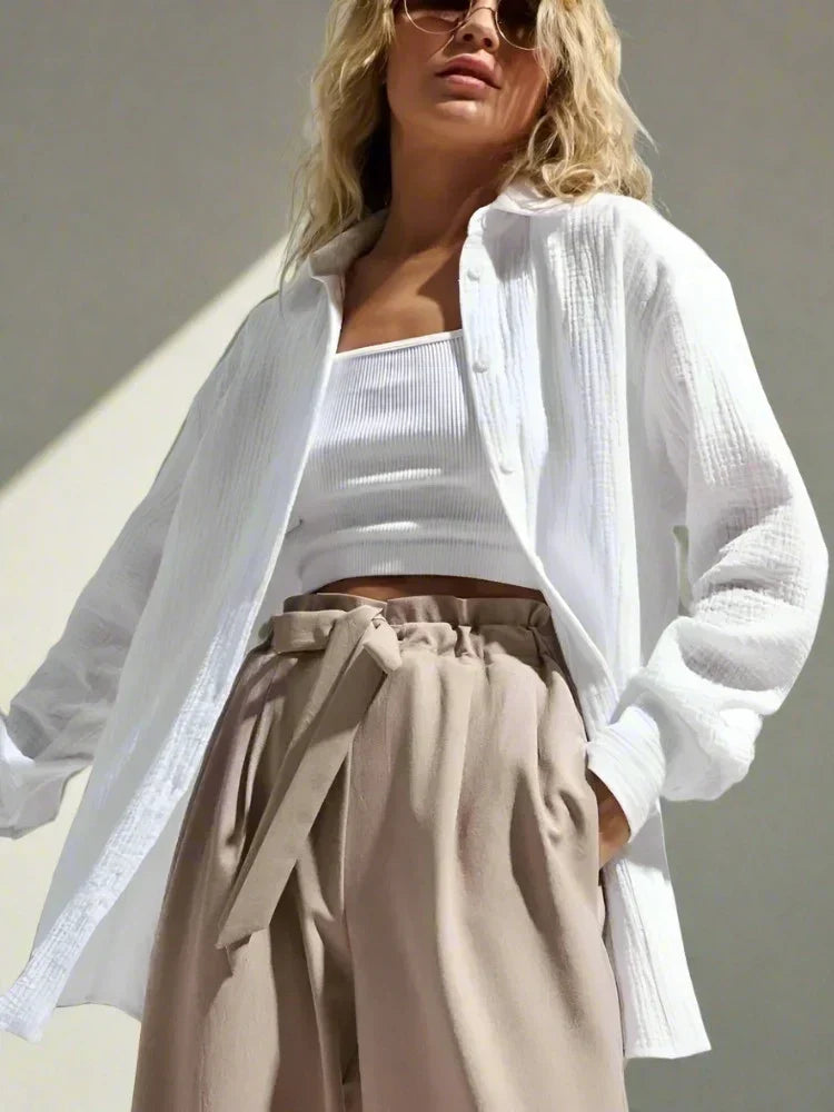 Merche – Bluse – Baumwolle, lockeres Oberteil, lange Ärmel, Krepphemden – Sommer
