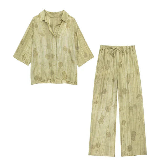 Merche – 2-teiliges Outfit – Blumen-Jacquard – Oberteile – Lange Hosen – Sommer
