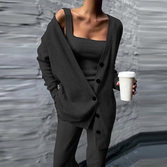 WW | Dreiteilige Strickjacke Hose Mit Langärmeligem Oberteil Und Weste