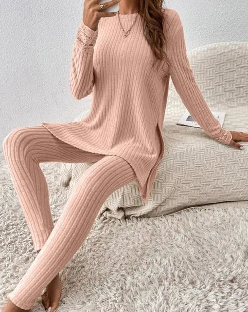 Merche geripptes langärmeliges Oberteil und Hose im Set für Damen