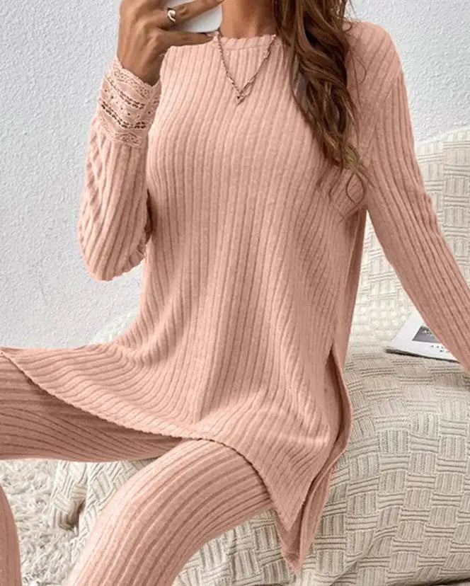 Merche geripptes langärmeliges Oberteil und Hose im Set für Damen