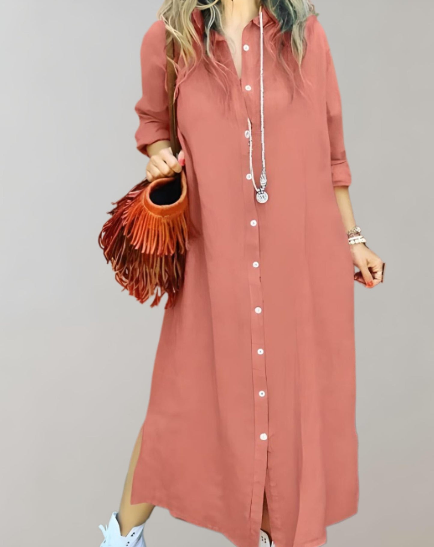einfarbige Maxikleid mit Knöpfen für Damen | Melanie