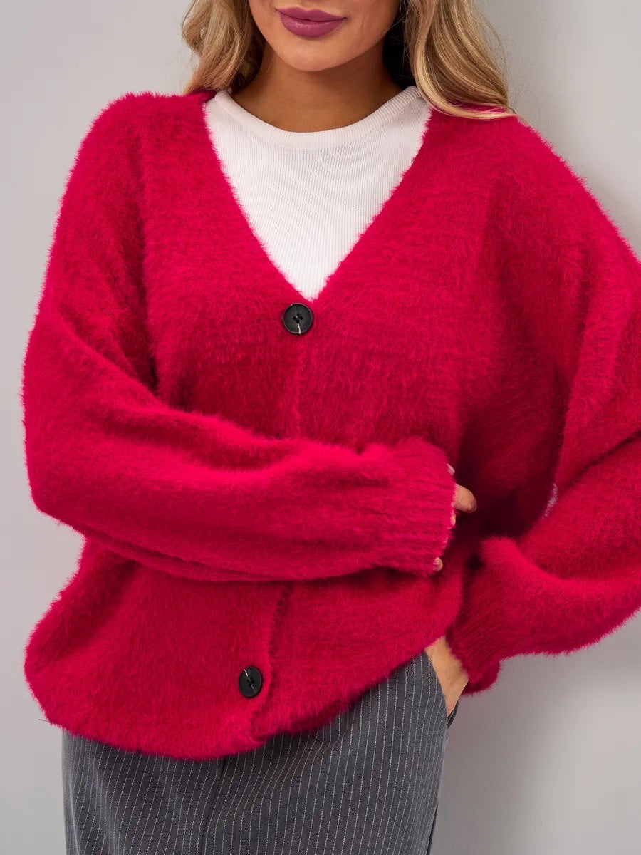 Damen Flauschiger Cardigan mit tiefem V-Ausschnitt und Knopfdetails Merchesia