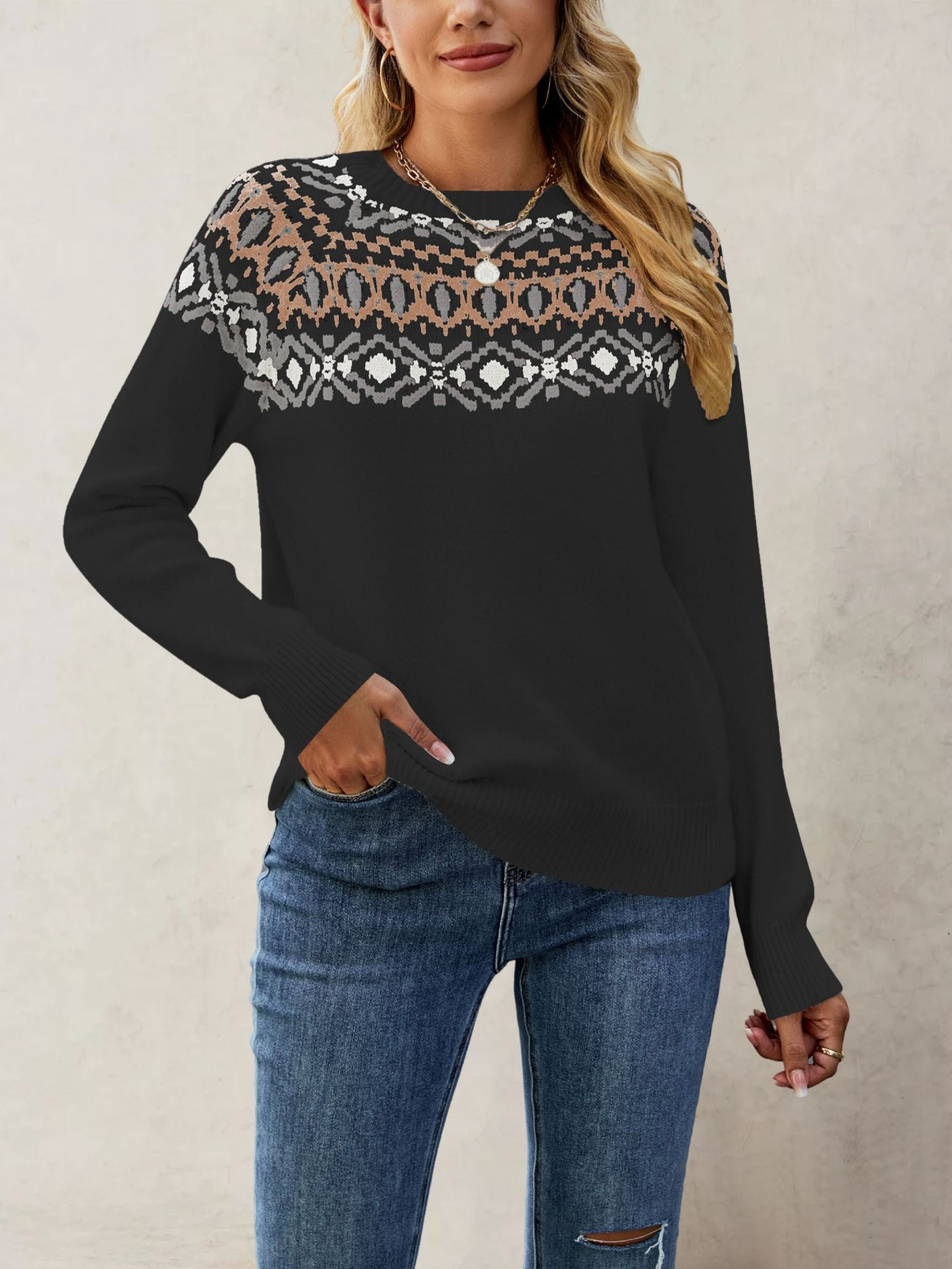 Damen Nordic-Muster Pullover mit Rundhalsausschnitt und lässigem Schnitt Merchesia