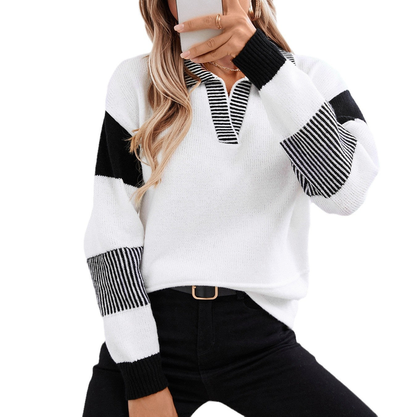 Damen modischer Pullover mit Polo-Kragen und kontrastierenden Streifen Merchesia