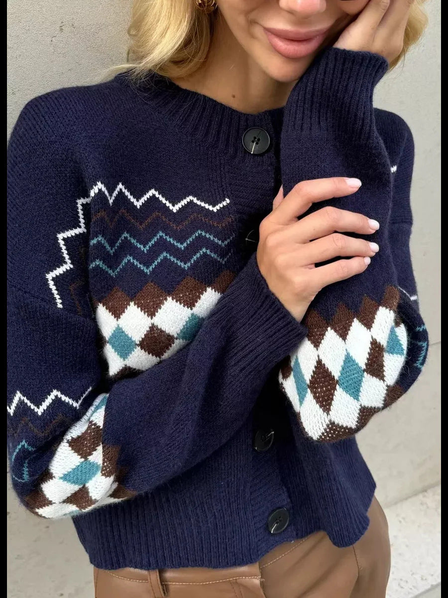 Damen Modischer Strickcardigan mit einzigartigem Karomuster und Knopfdetails Merchesia