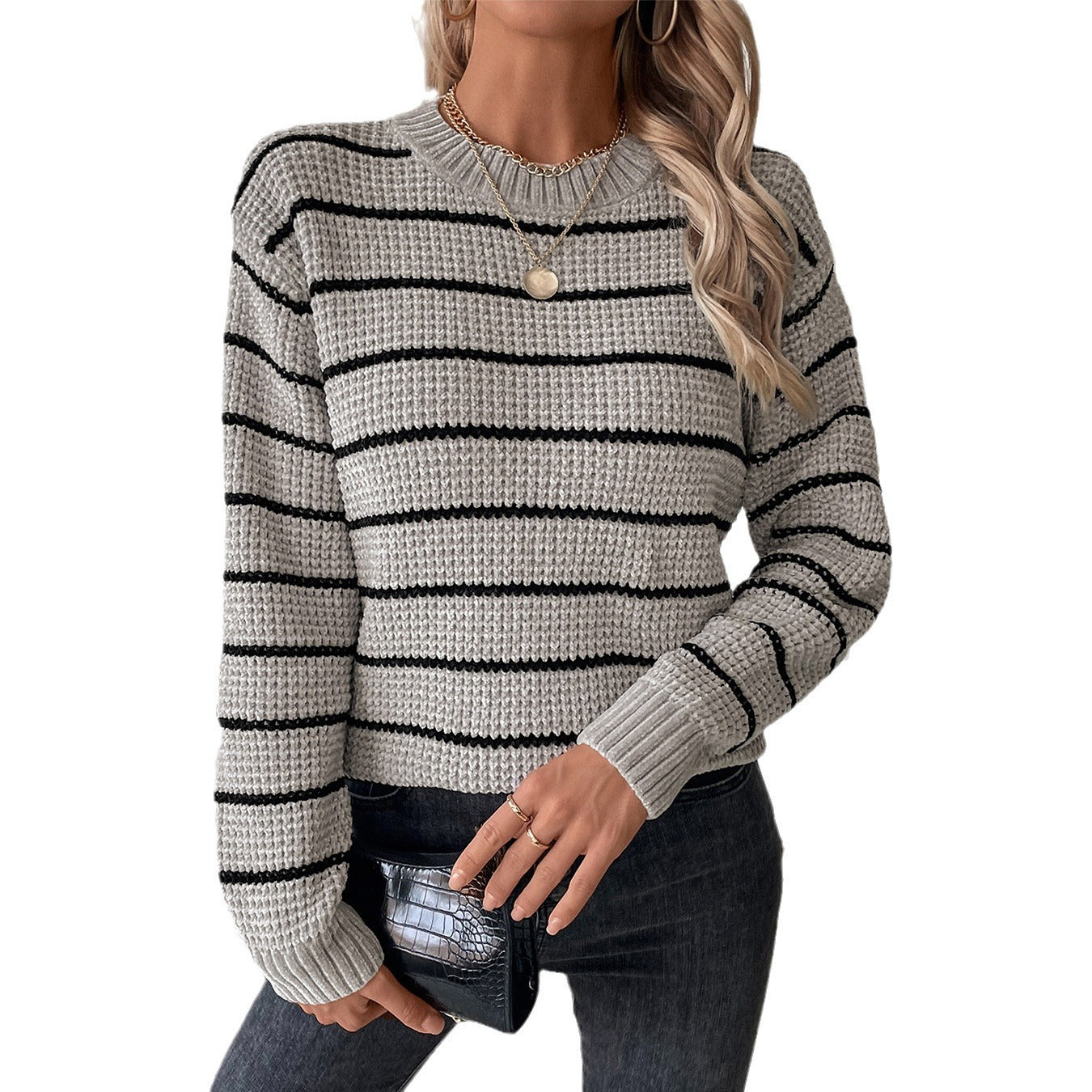 Damen lässiger Strickpullover mit breitem Streifenmuster Merchesia