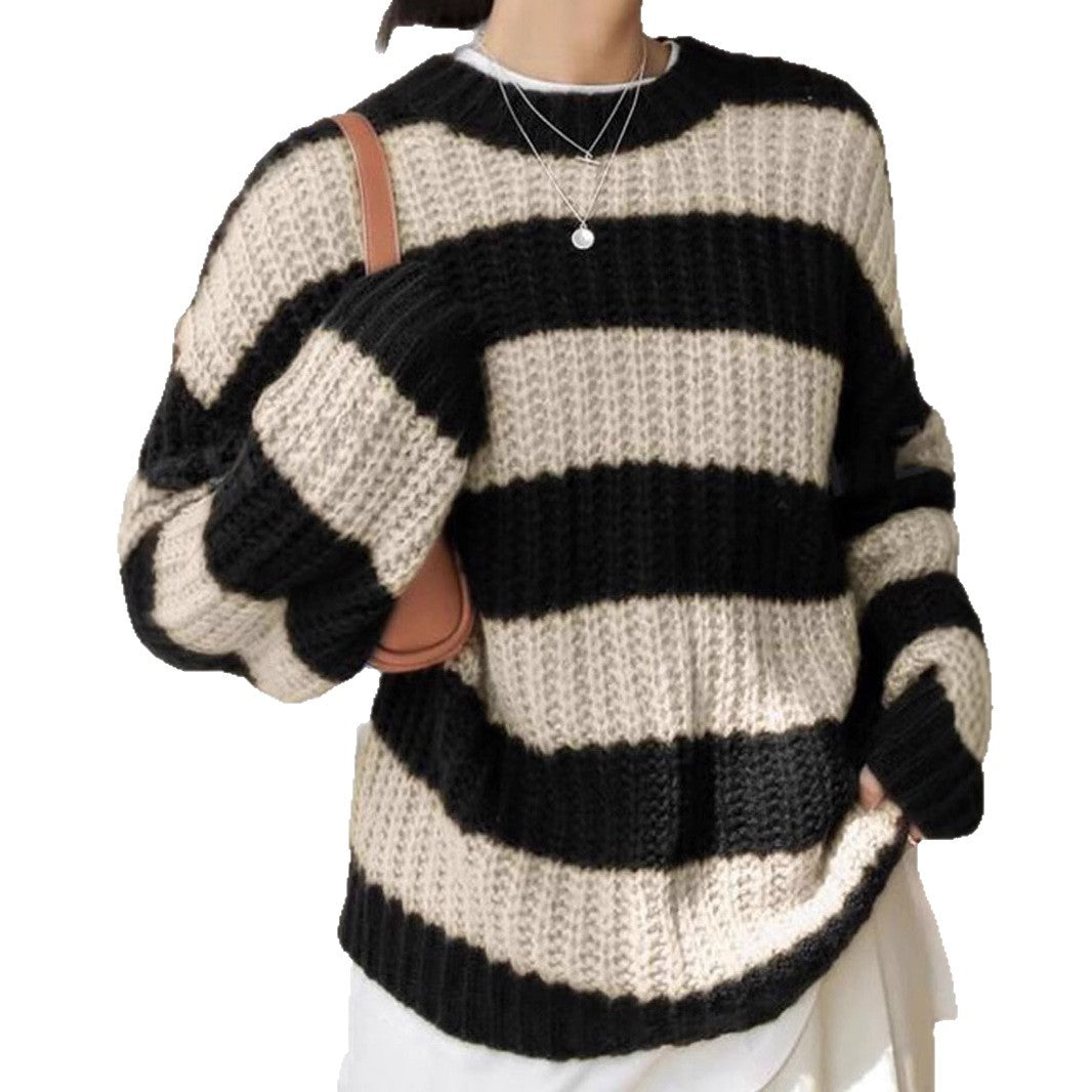 Damen modischer Strickpullover mit breiten Streifen und lockerer Passform Merchesia