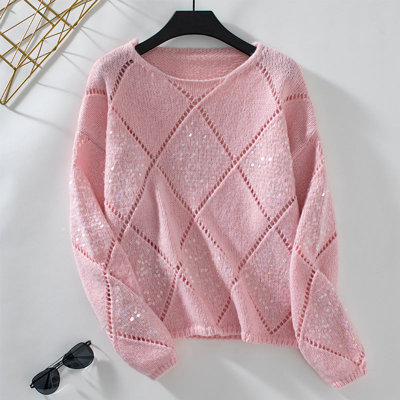 Damen modischer Pullover mit aufwendigem Strickdesign und Glitzerelementen Merchesia