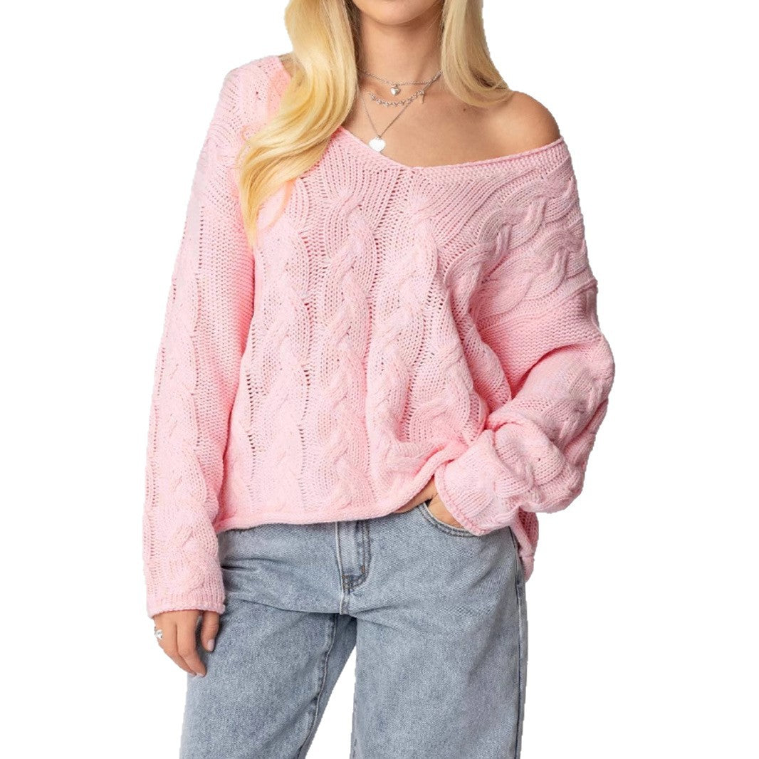 Damen Grobstrickpullover mit tiefem V-Ausschnitt und lässiger Silhouette Merchesia