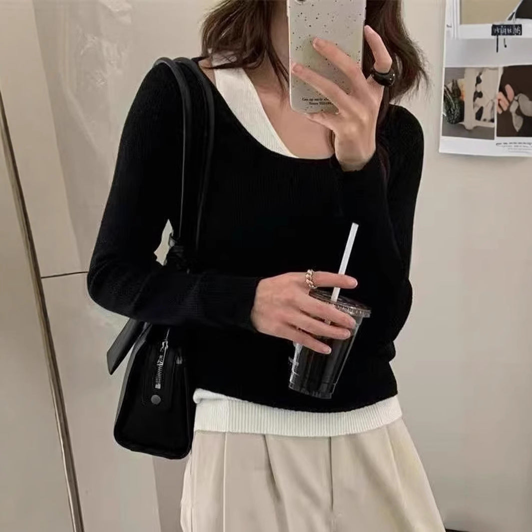 Damen lässiger V-Ausschnitt Strickpullover mit kontrastrierendem Saum Merchesia