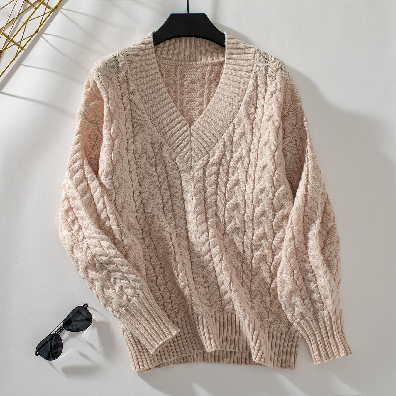 Damen Grobstrickpullover mit V-Ausschnitt und Zopfmuster Merchesia