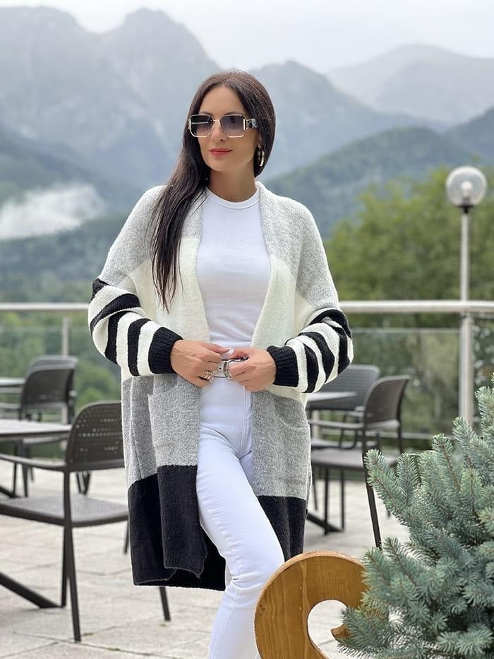 Damen lässiger Strickcardigan mit modischem Blockstreifenmuster und weitem Schnitt Merchesia