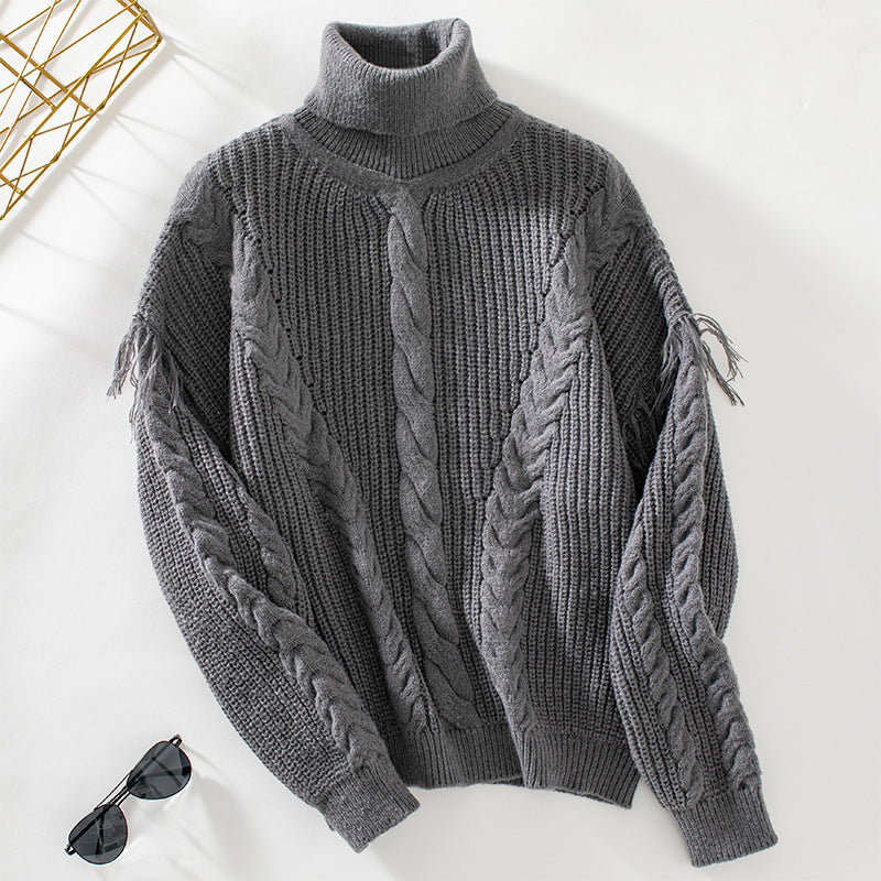 Damen Strickpullover mit hohem Kragen und Zopfmuster Merchesia
