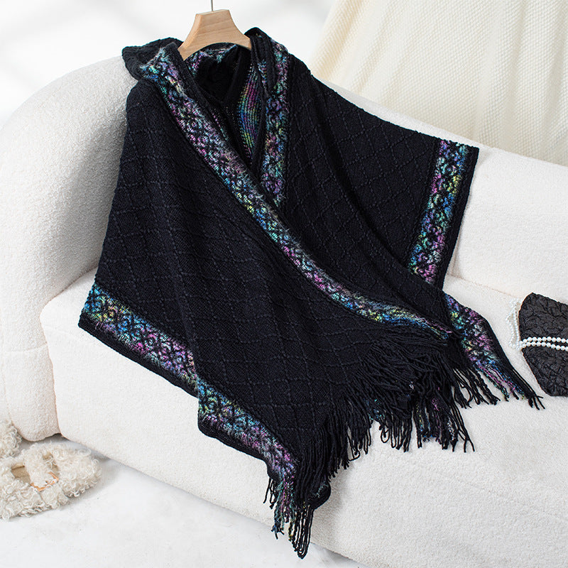 Damen eleganter Poncho mit hochwertigem Strukturdesign und Fransen Merchesia