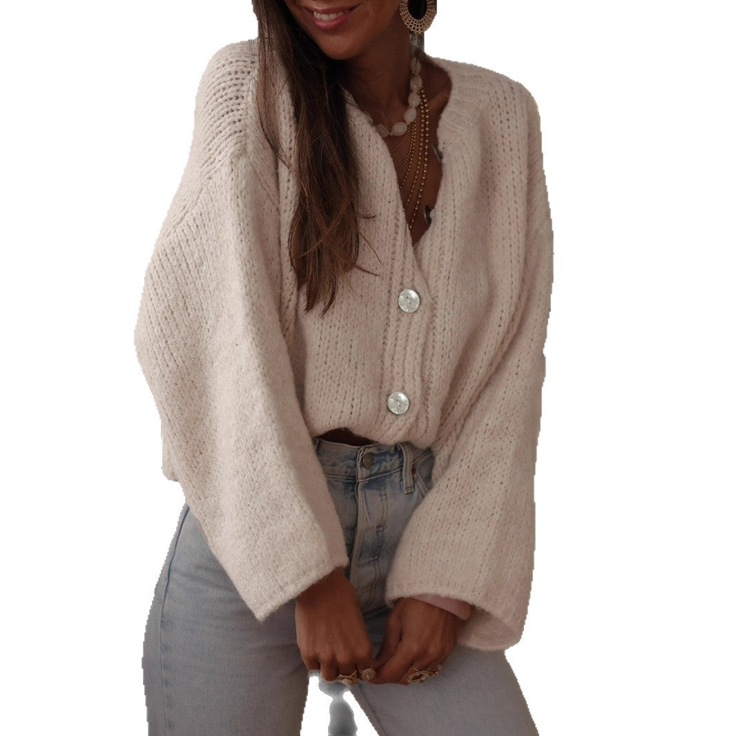 Damen kuschelige Strickjacke mit oversized Ärmeln und eleganten Perlenknöpfen Merchesia