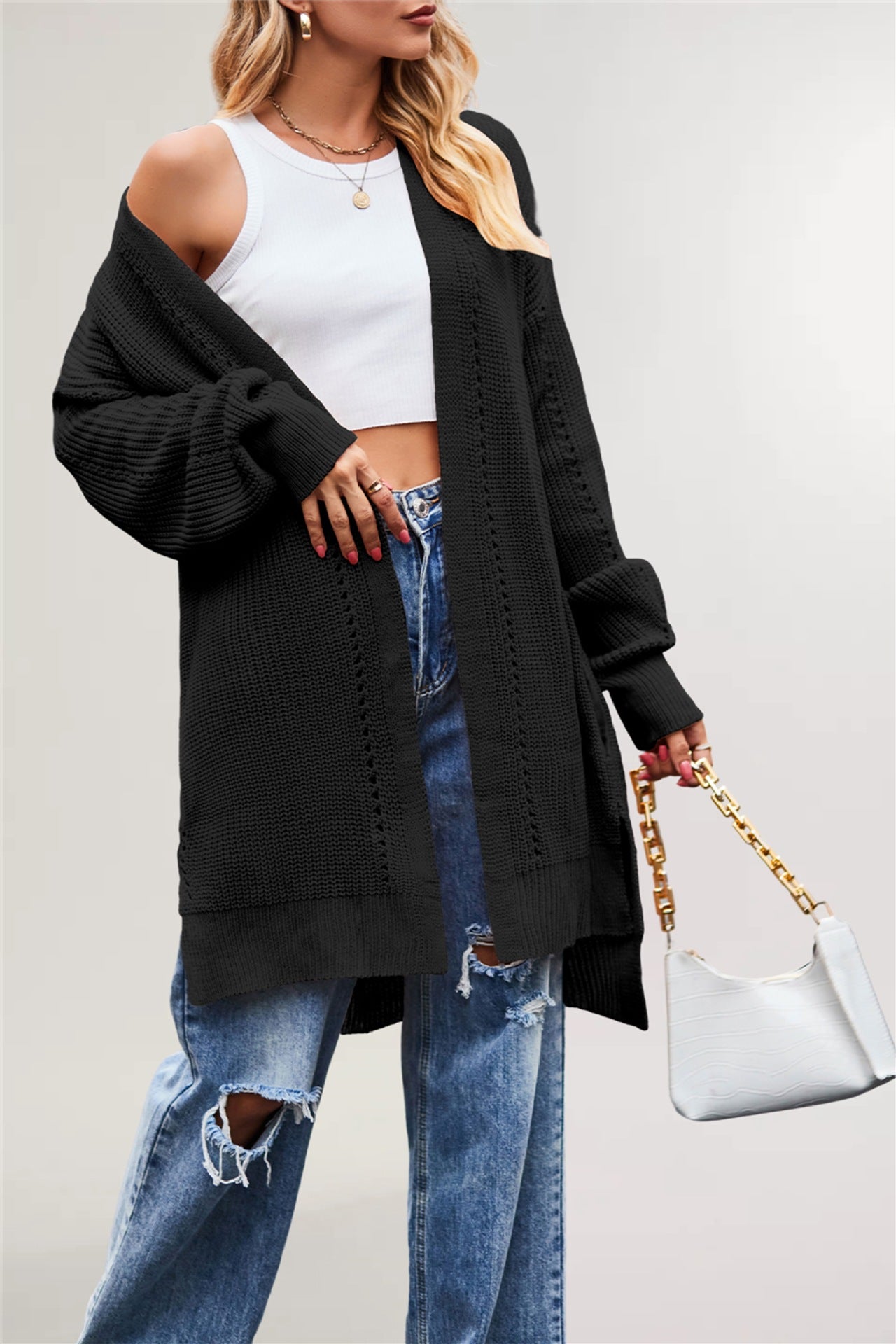 Damen lässige Strickjacke mit offenem Design und weiten Ärmeln Merchesia