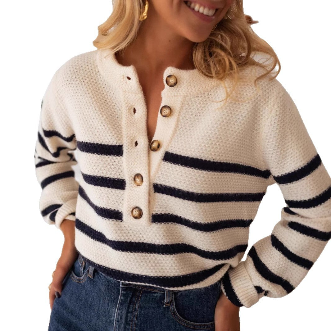 Damen hochwertiger gestreifter Strickpullover mit Knopfdetail und lässigem Schnitt Merchesia