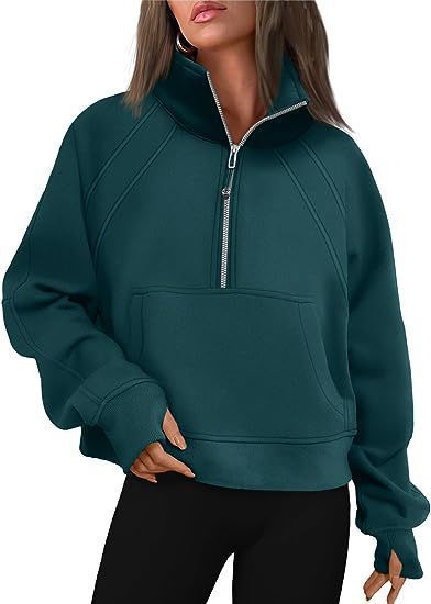 Damen kuscheliger Half-Zip Pullover mit Kapuze und Kängurutasche Merchesia