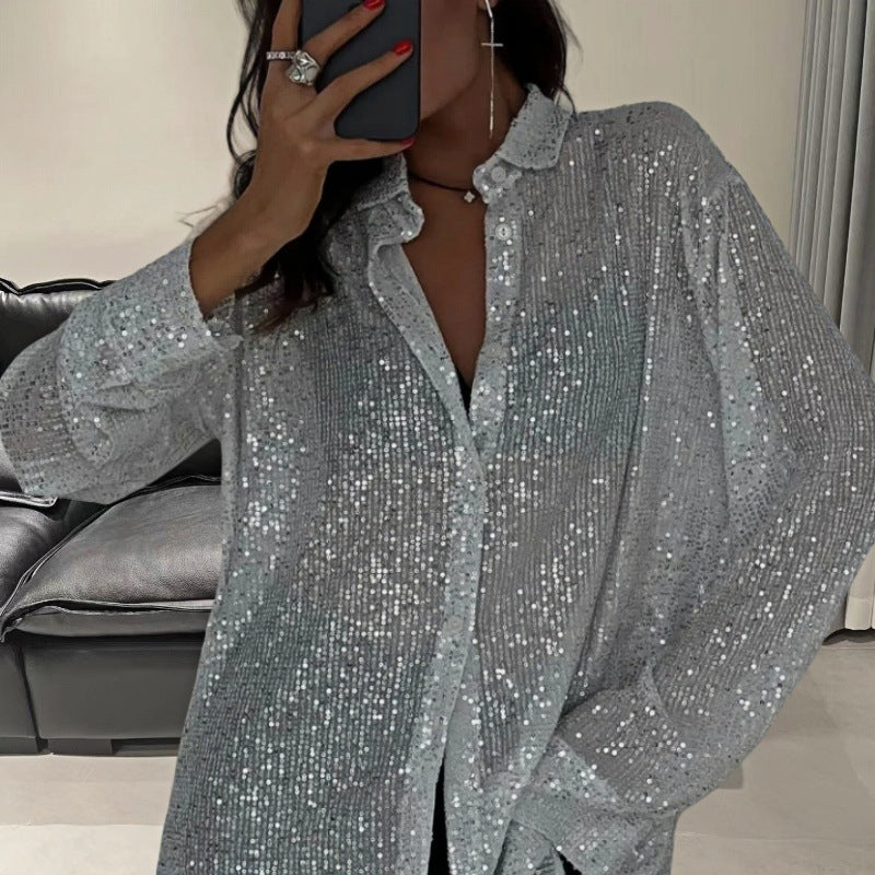 Damen Glamouröse Transparente Bluse mit Pailletten Merchesia